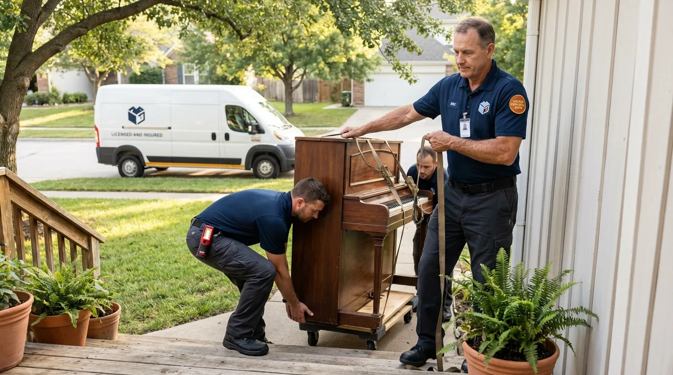 Licensed piano movers securing grand piano in Oakdale, PA