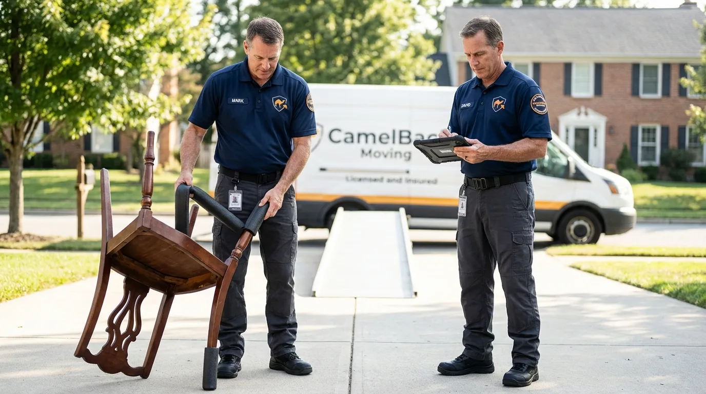Movers inspecting furniture for damage prevention before loading in Oakdale, PA