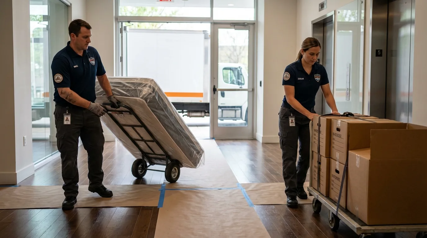 Professional apartment movers loading elevator in Oakdale, PA
