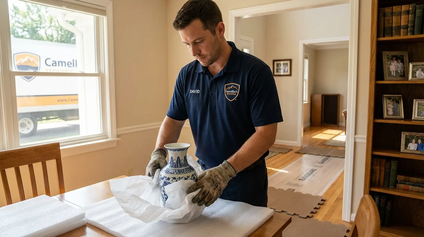 Professional crew carefully wrapping antique vase for senior downsizing move in Oakdale, PA